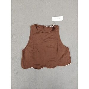 Mon Renn Top Womens‎ XL Cocoa Brown Fresco Embroidered Scallop Hem Sleeveless